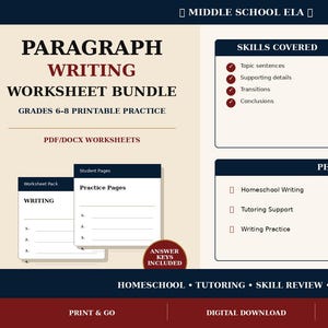 May include: A Middle School ELA paragraph writing worksheet bundle for grades 6-8. The printable PDF/DOCX materials include planning pages, practice worksheets, revision checklists, and example guidance. It covers topic sentences, details, and conclusions.