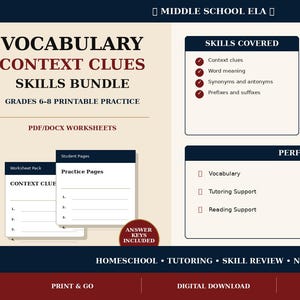 May include: A printable educational resource titled Vocabulary Context Clues Skills Bundle for grades 6-8. The document includes sections for skills covered, content lists, and practice pages with answer keys in PDF and DOCX formats.