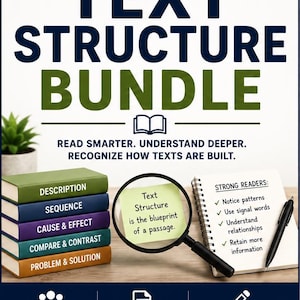 May include: Middle School ELA Text Structure Bundle educational resource. Features a stack of five books labelled Description, Sequence, Cause & Effect, Compare & Contrast, and Problem & Solution. Includes a magnifying glass, notepad, and pen.