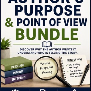 May include: Educational bundle for middle school ELA titled Author's Purpose & Point of View Bundle. Includes a stack of three books labeled Persuade, Inform, and Entertain, a magnifying glass, a notepad with Point of View notes, and a black pen.