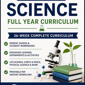 May include: An 8th Grade Science full year curriculum educational resource featuring a microscope, a molecular model, a glass beaker with a green plant, and a stack of three books. The text reads 8TH GRADE SCIENCE FULL YEAR CURRICULUM.