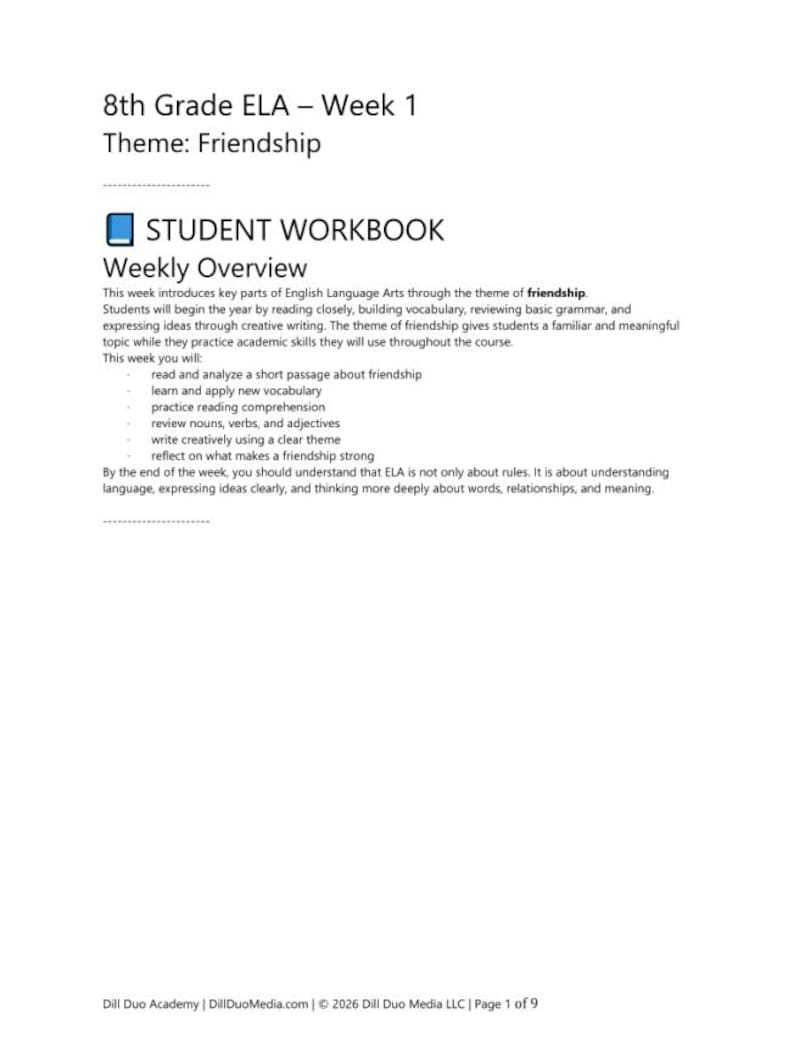 May include: An 8th Grade ELA Week 1 student workbook page with the theme of friendship. The document includes a weekly overview, learning objectives for reading, vocabulary, grammar, and writing, and footer text from Dill Duo Academy.