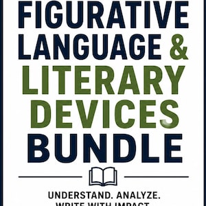 May include: A rectangular educational poster with a white background, dark blue and olive green text reading MIDDLE SCHOOL ELA FIGURATIVE LANGUAGE & LITERARY DEVICES BUNDLE, an icon of an open book, and the text UNDERSTAND. ANALYZE. WRITE WITH IMPACT. GRADES 6-8.