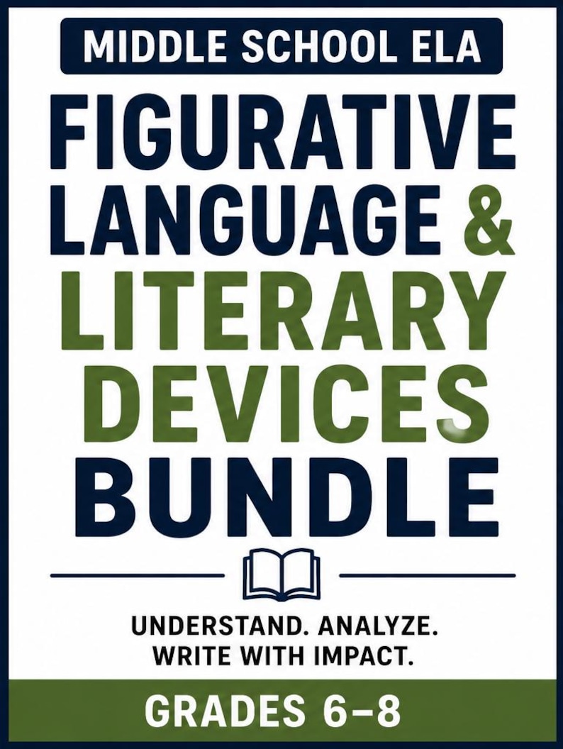 May include: A rectangular educational poster with a white background, dark blue and olive green text reading MIDDLE SCHOOL ELA FIGURATIVE LANGUAGE & LITERARY DEVICES BUNDLE, an icon of an open book, and the text UNDERSTAND. ANALYZE. WRITE WITH IMPACT. GRADES 6-8.