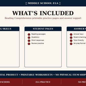 May include: A digital educational resource for middle school ELA featuring reading comprehension practice pages. The layout includes sections for Reading Skills, Student Pages, and Answer Support with bulleted lists and text headers.