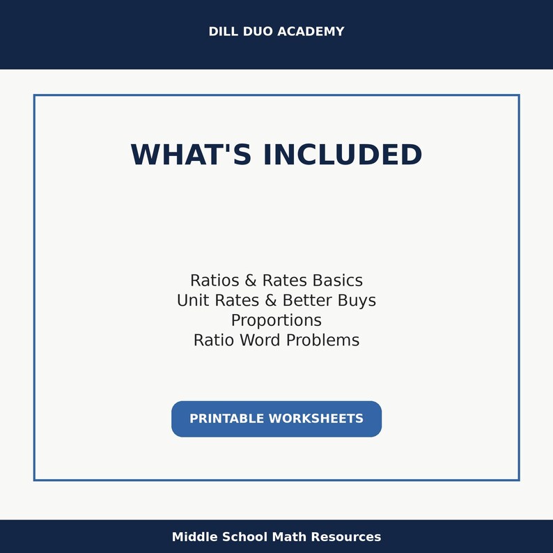 May include: A white and blue graphic with the text "WHAT'S INCLUDED" and a list of math topics: Ratios & Rates Basics, Unit Rates & Better Buys, Proportions, and Ratio Word Problems. The image also includes the text "PRINTABLE WORKSHEETS" and "Middle School Math Resources."