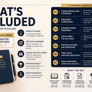 May include: An educational graphic with the text "What's Included" features a navy blue spiral notebook, a pen, and a small potted plant. The image also includes a course outline with seven modules and icons, and the words "PDF Course Bundle" and "Printable PDF Files Included."