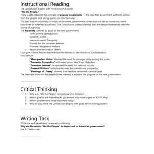 May include: A black and white educational document titled Day 3 - We the People Instructional Reading. It contains text explaining popular sovereignty, the Preamble's six goals, critical thinking questions, and a writing task about American government.