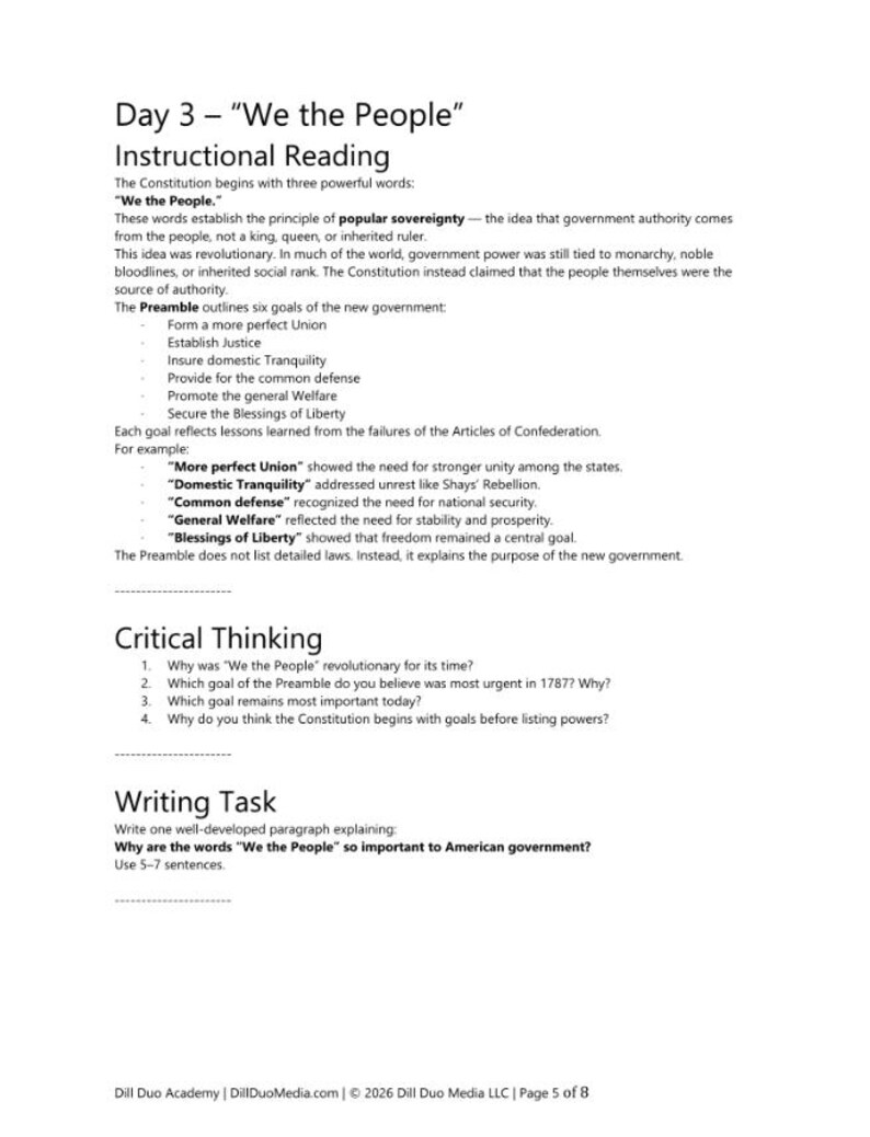 May include: A black and white educational document titled Day 3 - We the People Instructional Reading. It contains text explaining popular sovereignty, the Preamble's six goals, critical thinking questions, and a writing task about American government.