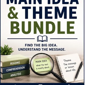 May include: A Middle School ELA Main Idea & Theme Bundle educational resource featuring a stack of three books labeled Reading, Comprehension, and Analysis, a magnifying glass over a sticky note, and a notebook with a pen, all on a desk.