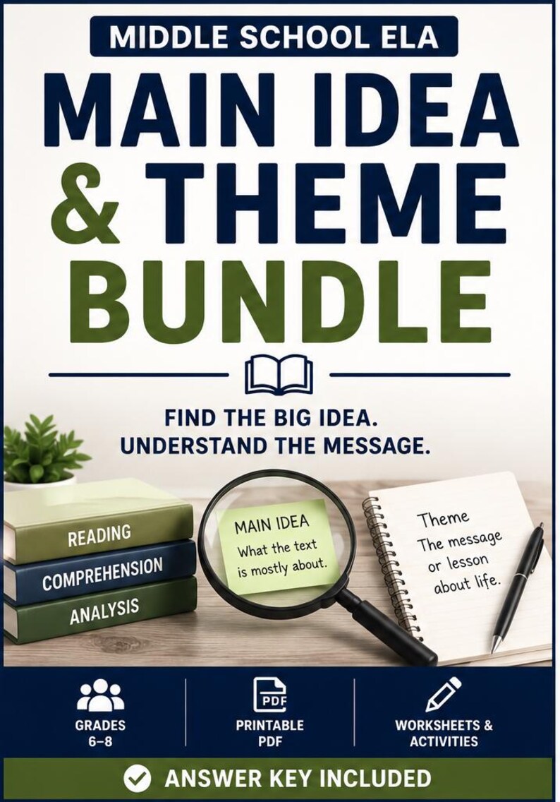 May include: A Middle School ELA Main Idea & Theme Bundle educational resource featuring a stack of three books labeled Reading, Comprehension, and Analysis, a magnifying glass over a sticky note, and a notebook with a pen, all on a desk.