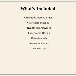 May include: A light beige informational card with a black border featuring the heading What's Included followed by a bulleted list: Scientific Method Steps, Variables Practice, Hypothesis Activities, Experiment Design, Data Analysis, Review Activities, and Answer Key.
