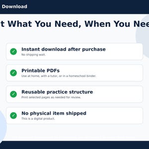 May include: A digital download graphic with the text "Print What You Need, When You Need It." Features include instant download, printable PDFs, reusable practice structure, and no physical item shipped.