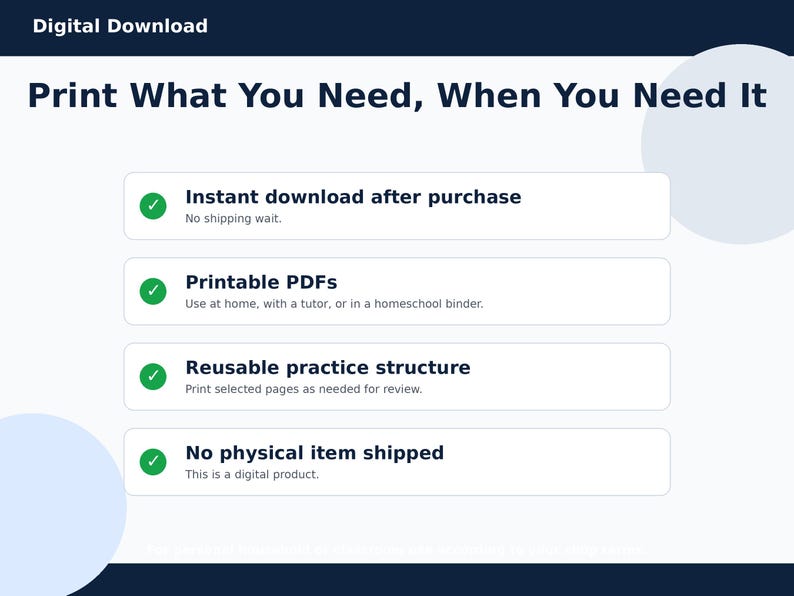 May include: A digital download graphic with the text "Print What You Need, When You Need It." Features include instant download, printable PDFs, reusable practice structure, and no physical item shipped.