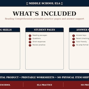 May include: A digital educational resource for middle school ELA featuring reading comprehension practice pages. The layout includes sections for Reading Skills, Student Pages, and Answer Support with bulleted lists and text headers.