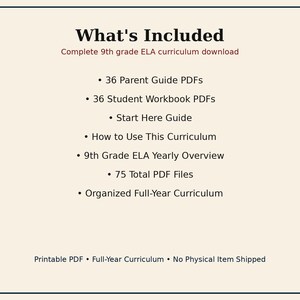 May include: A digital document listing the contents of a 9th grade ELA curriculum. It includes 36 parent guide PDFs, 36 student workbook PDFs, a start here guide, a how to use this curriculum guide, a 9th grade ELA yearly overview, and 75 total PDF files.