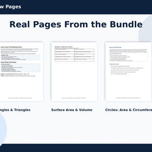 May include: Preview pages from a bundle, showcasing three worksheets. The worksheets cover topics including angles and triangles, surface area and volume, and circles: area and circumference. Each page features text and tables on a white background.