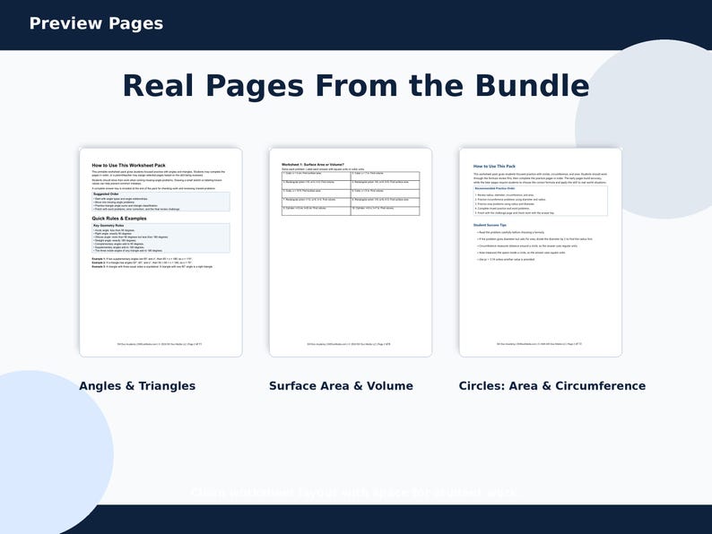 May include: Preview pages from a bundle, showcasing three worksheets. The worksheets cover topics including angles and triangles, surface area and volume, and circles: area and circumference. Each page features text and tables on a white background.
