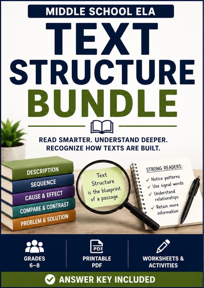 May include: Middle School ELA Text Structure Bundle educational resource. Features a stack of five books labeled Description, Sequence, Cause & Effect, Compare & Contrast, and Problem & Solution. Includes a magnifying glass, notepad, and pen.