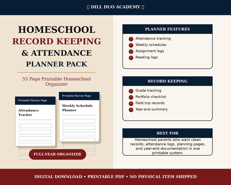 May include: A 55-page printable homeschool record keeping and attendance planner pack by Dill Duo Academy. The document features sections for planner features, record keeping, and best for usage, including attendance, schedule, and grade trackers.