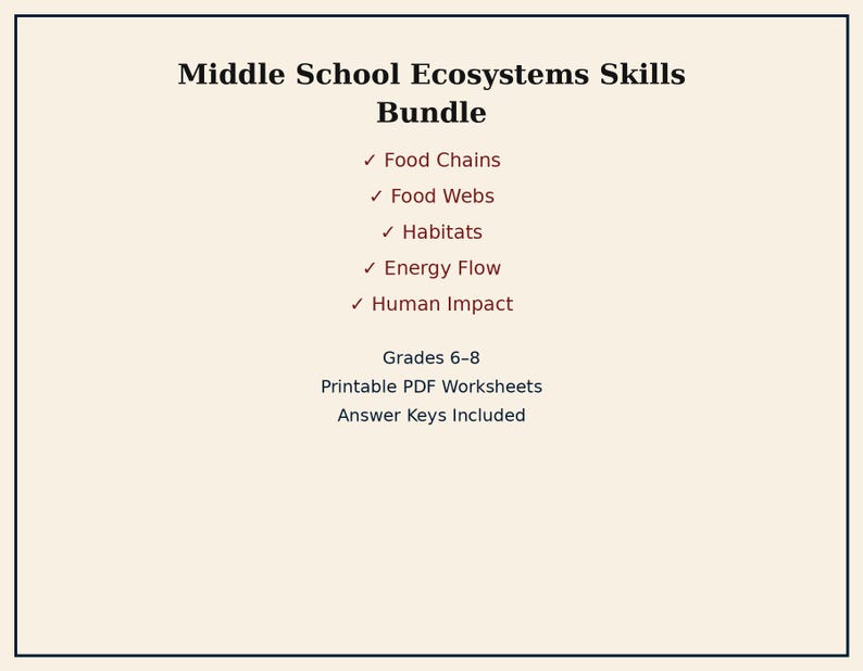May include: A document titled Middle School Ecosystems Skills Bundle featuring a list of topics including Food Chains, Food Webs, Habitats, Energy Flow, and Human Impact. It specifies Grades 6-8, Printable PDF Worksheets, and Answer Keys Included.