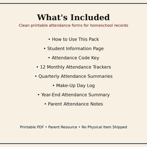 May include: A digital document titled What's Included listing clean printable attendance forms for homeschool records. It features a How to Use This Pack, Student Information Page, Attendance Code Key, 12 Monthly Attendance Trackers, Quarterly Attendance Summaries, Make-Up Day Log, Year-End Attendance Summary, and Parent Attendance Notes.