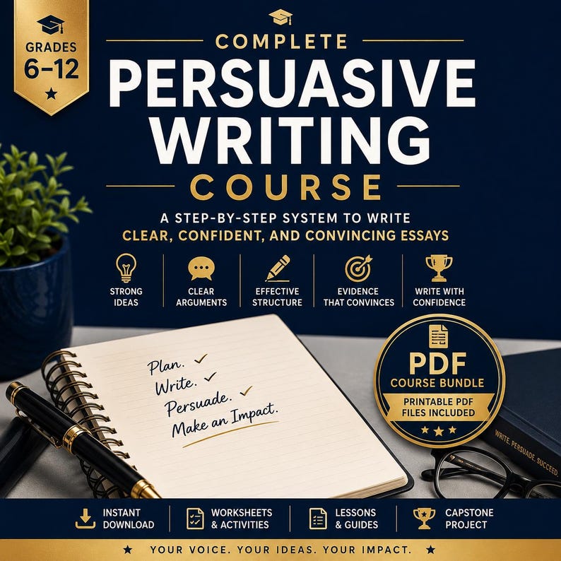 May include: A complete persuasive writing course for grades 6-12. The image features a notebook with the words "Plan, Write, Persuade, Make an Impact." Also included are icons for strong ideas, clear arguments, effective structure, evidence, and writing with confidence.