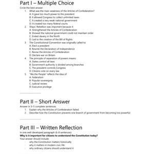 May include: A black and white educational assessment document titled Day 5 Weekly Assessment. It contains Part I with five multiple-choice history questions, Part II with two short answer prompts, and Part III with a written reflection task.