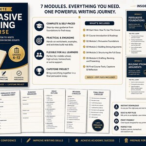 May include: A complete persuasive writing course for grades 6-12. The course includes 7 modules with worksheets, templates, and a capstone project. The course promises to help students write clear, confident, and convincing essays. Includes PDF files.