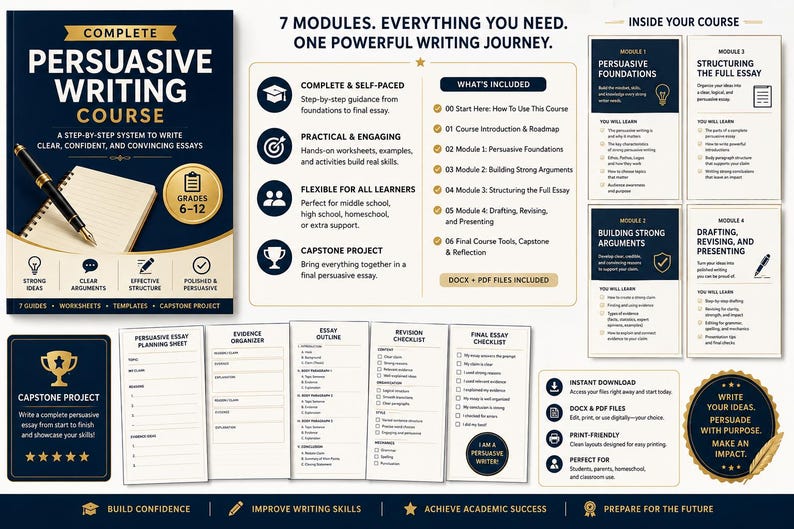May include: A complete persuasive writing course for grades 6-12. The course includes 7 modules with worksheets, templates, and a capstone project. The course promises to help students write clear, confident, and convincing essays. Includes PDF files.