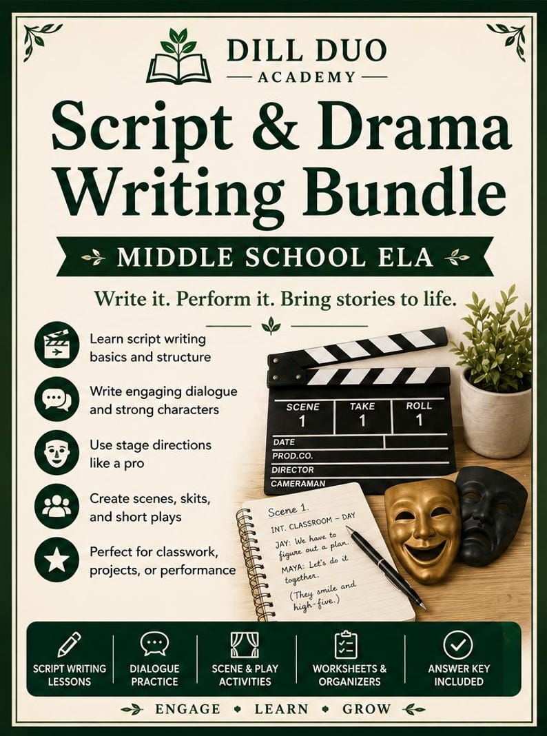 May include: A Script & Drama Writing Bundle for middle school ELA featuring a black film clapperboard, a spiral notebook with handwritten dialogue, a gold comedy mask, a black tragedy mask, and a pen. The text includes Dill Duo Academy.