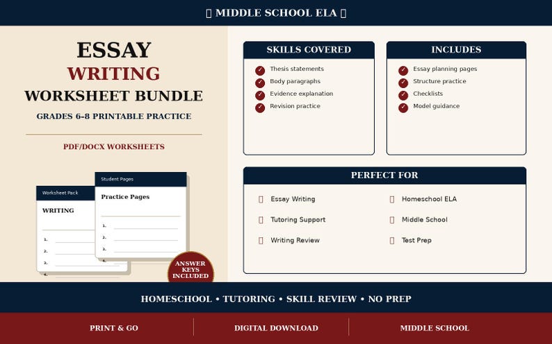 May include: A Middle School ELA Essay Writing Worksheet Bundle featuring printable PDF and DOCX practice pages. The document outlines skills covered including thesis statements, body paragraphs, evidence explanation, and revision practice, with answer keys included.