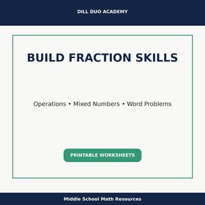 May include: A teal and white graphic with the text "BUILD FRACTION SKILLS." The image also includes the words "Operations," "Mixed Numbers," and "Word Problems." A green button reads "PRINTABLE WORKSHEETS."