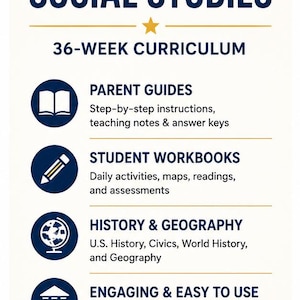 May include: A white educational flyer titled COMPLETE 8TH GRADE SOCIAL STUDIES 36-WEEK CURRICULUM. It lists components including parent guides, student workbooks, history and geography content, and features for homeschool families, with a download icon.