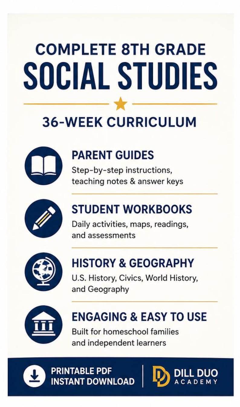May include: A white educational flyer titled COMPLETE 8TH GRADE SOCIAL STUDIES 36-WEEK CURRICULUM. It lists components including parent guides, student workbooks, history and geography content, and features for homeschool families, with a download icon.