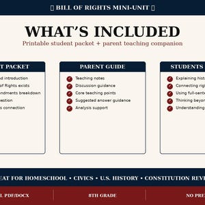 May include: Educational resource titled "Bill of Rights Mini-Unit." The image displays a printable student packet and parent teaching companion. Includes student packet, parent guide, and student practice sections. Great for homeschool, civics, U.S. history, and constitution review.
