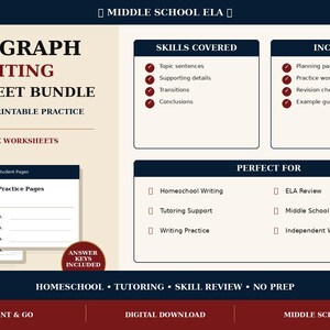 May include: A Middle School ELA paragraph writing worksheet bundle for grades 6-8. The printable PDF/DOCX materials include planning pages, practice worksheets, revision checklists, and example guidance. It covers topic sentences, details, and conclusions.