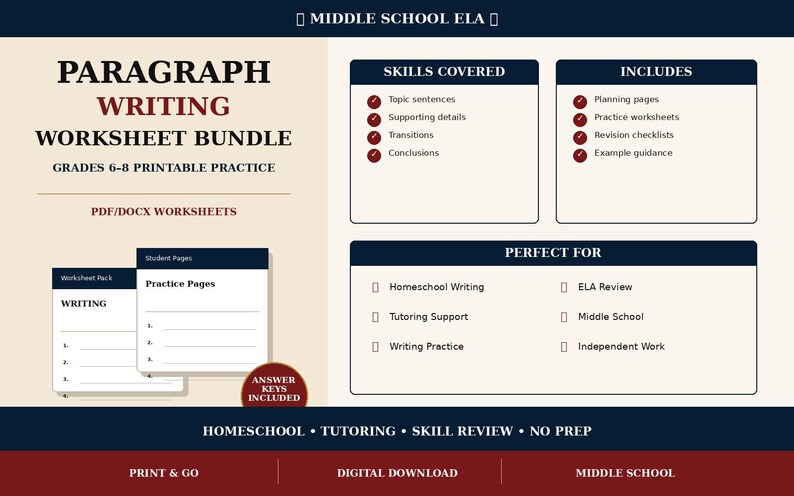 May include: A Middle School ELA paragraph writing worksheet bundle for grades 6-8. The printable PDF/DOCX materials include planning pages, practice worksheets, revision checklists, and example guidance. It covers topic sentences, details, and conclusions.