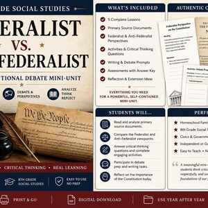 May include: Educational mini-unit for 8th-grade social studies, focusing on the Federalist vs. Anti-Federalist debate. Includes lessons, primary source documents, and activities. Features an American flag, a quill, and a document with the words "We the People."