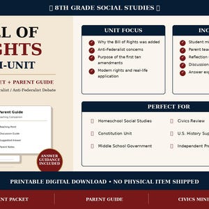 May include: A digital download for an 8th-grade social studies mini-unit on the Bill of Rights. Includes a student packet, parent guide, and answer key. Topics include the Bill of Rights, anti-federalist concerns, and modern rights.