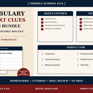 May include: A printable educational resource titled Vocabulary Context Clues Skills Bundle for grades 6-8. The document includes sections for skills covered, content lists, and practice pages with answer keys in PDF and DOCX formats.