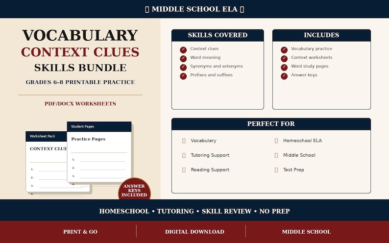 May include: A printable educational resource titled Vocabulary Context Clues Skills Bundle for grades 6-8. The document includes sections for skills covered, content lists, and practice pages with answer keys in PDF and DOCX formats.