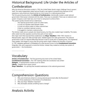 May include: A black and white educational document titled Day 1 &ndash; Why Was the Constitution Written? It includes historical text about the Articles of Confederation, a vocabulary list, four comprehension questions, and an analysis activity question.