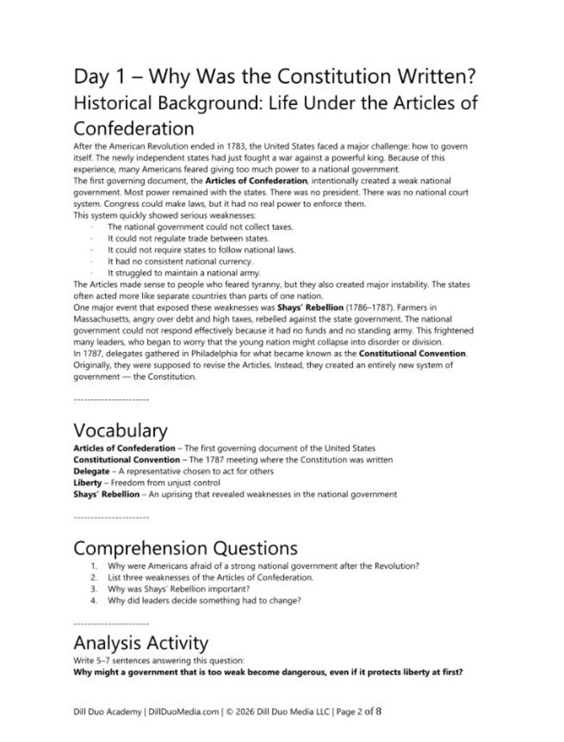 May include: A black and white educational document titled Day 1 &ndash; Why Was the Constitution Written? It includes historical text about the Articles of Confederation, a vocabulary list, four comprehension questions, and an analysis activity question.