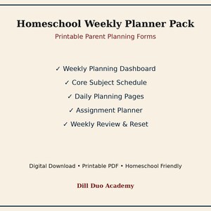 May include: A cream-colored document titled Homeschool Weekly Planner Pack with dark text listing components: Weekly Planning Dashboard, Core Subject Schedule, Daily Planning Pages, Assignment Planner, and Weekly Review & Reset. Includes Dill Duo Academy.