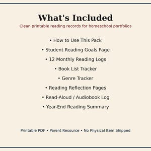 May include: A digital document titled What's Included, listing printable reading records for homeschool portfolios. It details a pack containing a student reading goals page, 12 monthly reading logs, a book list tracker, genre tracker, reading reflection pages, a read-aloud audiobook log, and a year-end reading summary.
