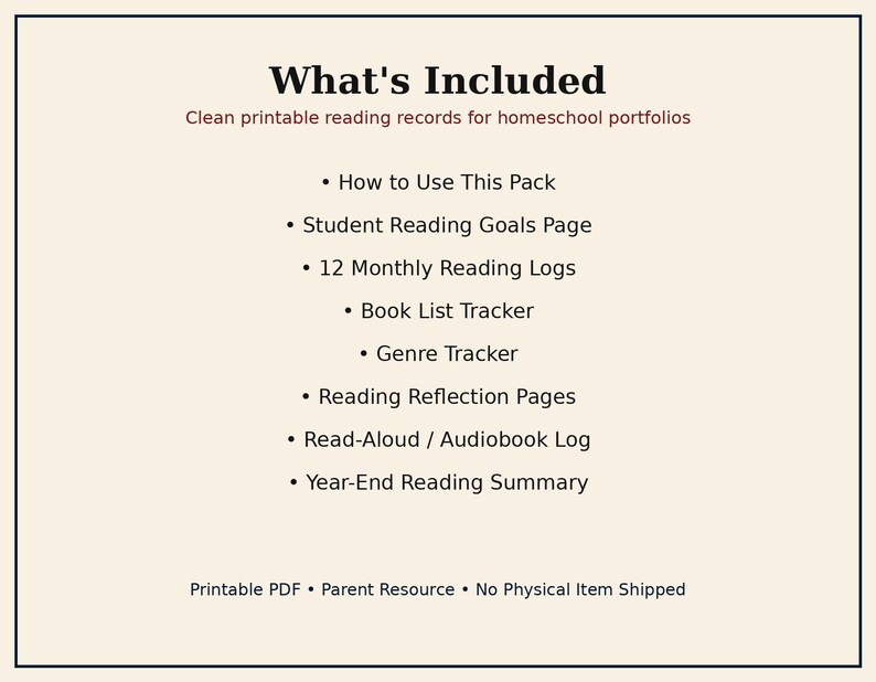 May include: A digital document titled What's Included, listing printable reading records for homeschool portfolios. It details a pack containing a student reading goals page, 12 monthly reading logs, a book list tracker, genre tracker, reading reflection pages, a read-aloud audiobook log, and a year-end reading summary.