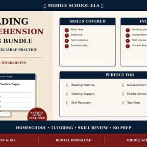 May include: A Middle School ELA Reading Comprehension Skills Bundle featuring printable PDF and DOCX worksheets for grades 6-8. The document includes reading passages, comprehension questions, skill reviews, and answer keys for students.