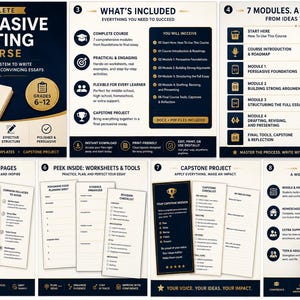 May include: A comprehensive persuasive writing course for grades 6-12, with a step-by-step system to write clear, confident, and convincing essays. Includes modules, worksheets, and a capstone project. The course is designed for middle and high school students.