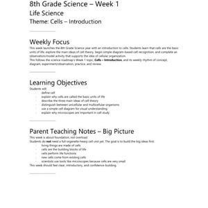 May include: A white document titled Parent Guide 8th Grade Science Week 1 Life Science Theme: Cells - Introduction. It includes sections for Weekly Focus, Learning Objectives, and Parent Teaching Notes - Big Picture, with text by Dill Duo Academy.